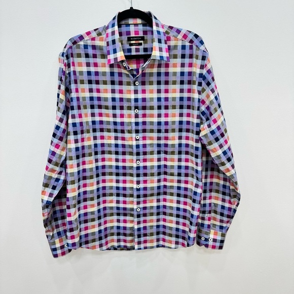 BUGATCHI Button Down Shirt Mens Custom Fit Long Sleeve Geo Print Blue Multicolor - Picture 1 of 5